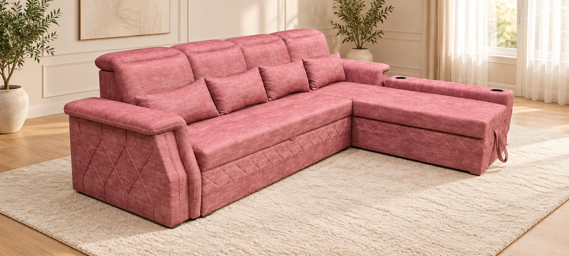 Pink sectional sofa with a chaise in a living-room setting