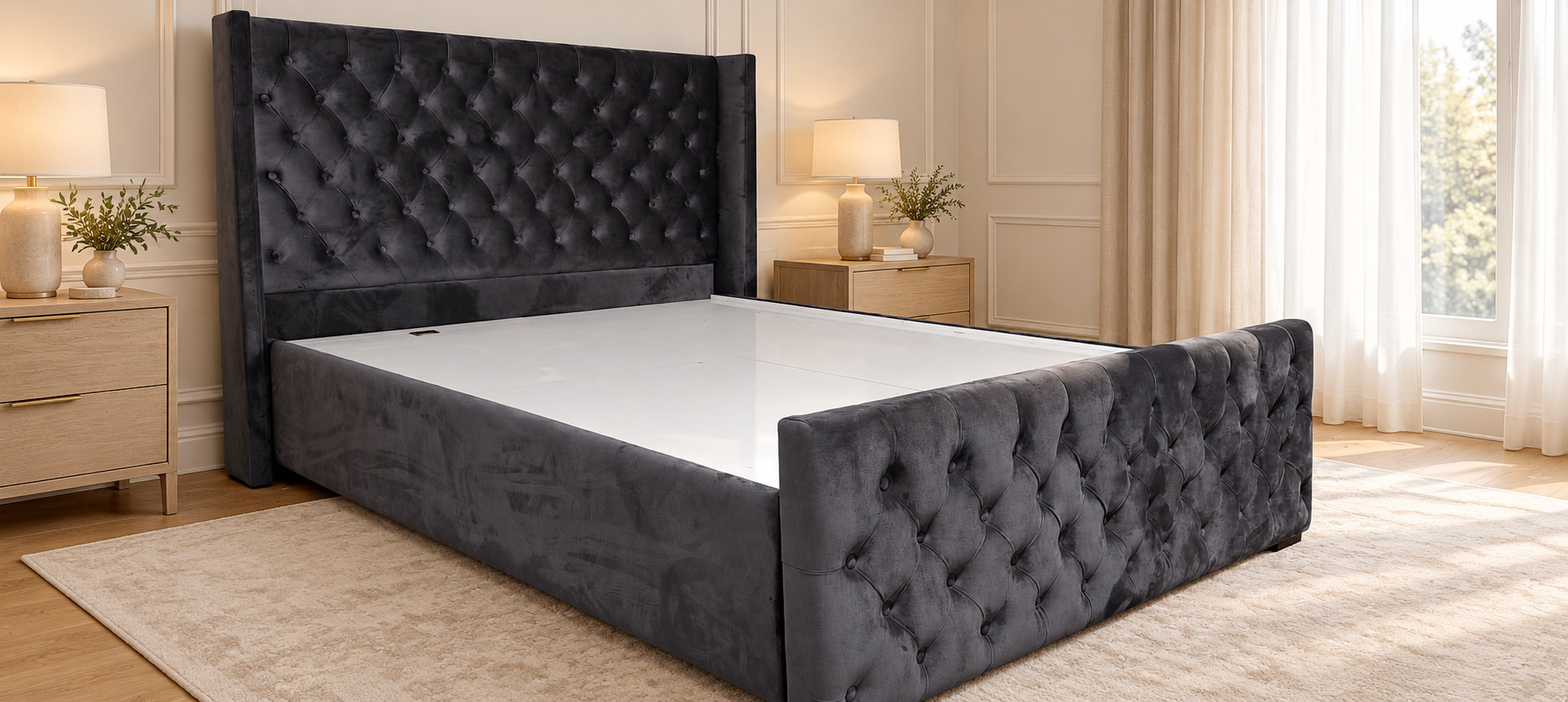 Charcoal upholstered bed frame with a tall tufted headboard