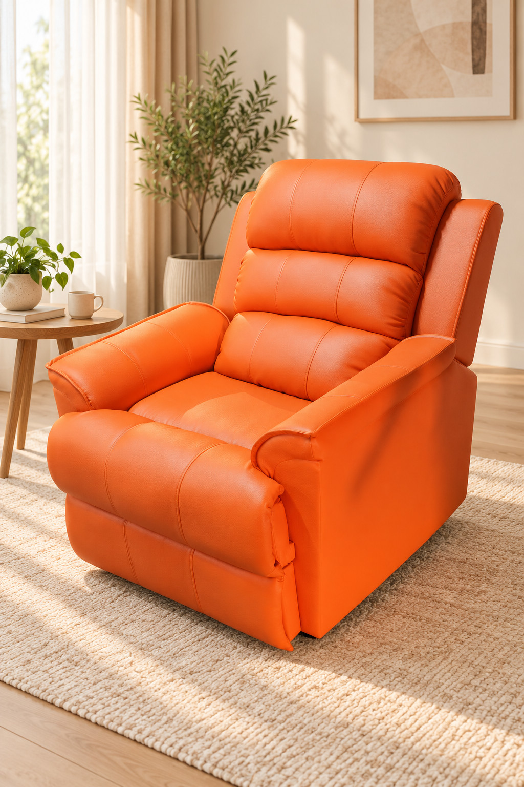 Orange upholstered armchair with a padded back and seat